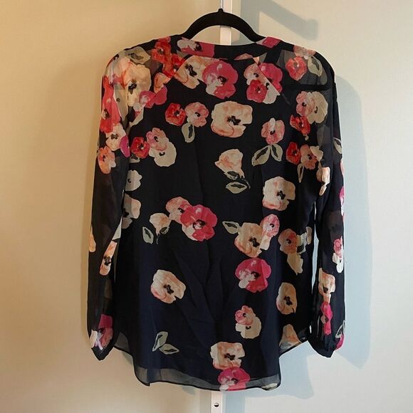 Cabi Navy Pink Floral Long Sleeve V-Neck Blouse - Picture 2 of 3
